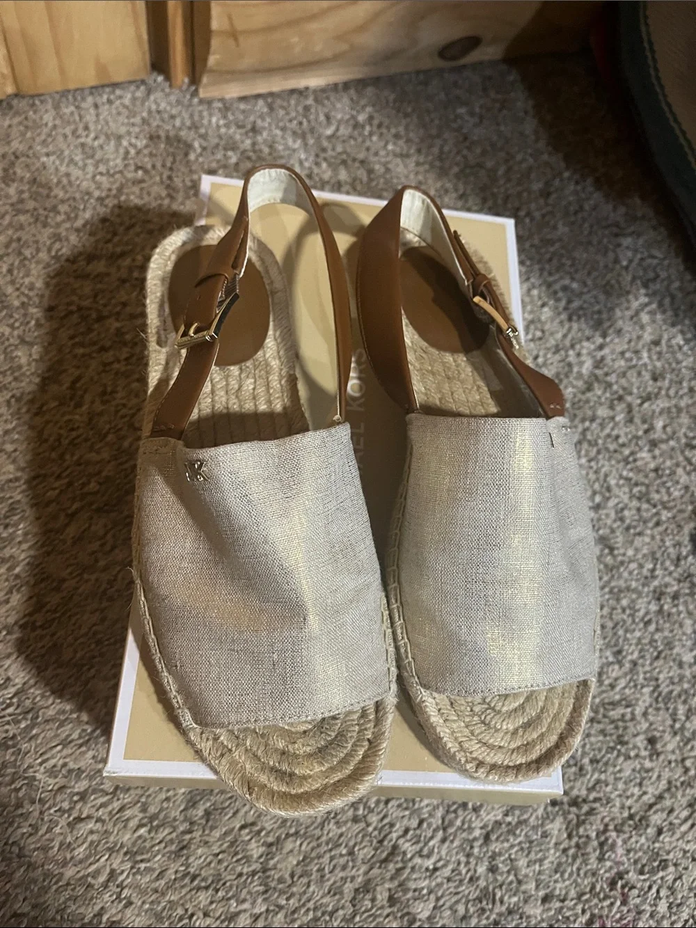 Michael Kors Beige Metallic Linen Fisher Espadrille Slingback Sandals Pale Gold